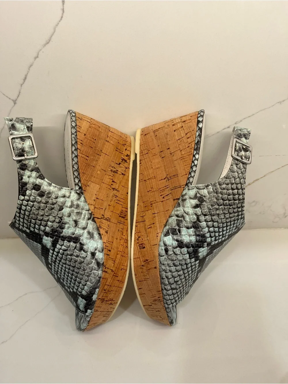 Donald J. Pliner Light Blue Snake-Print Cork Wedge Sandals